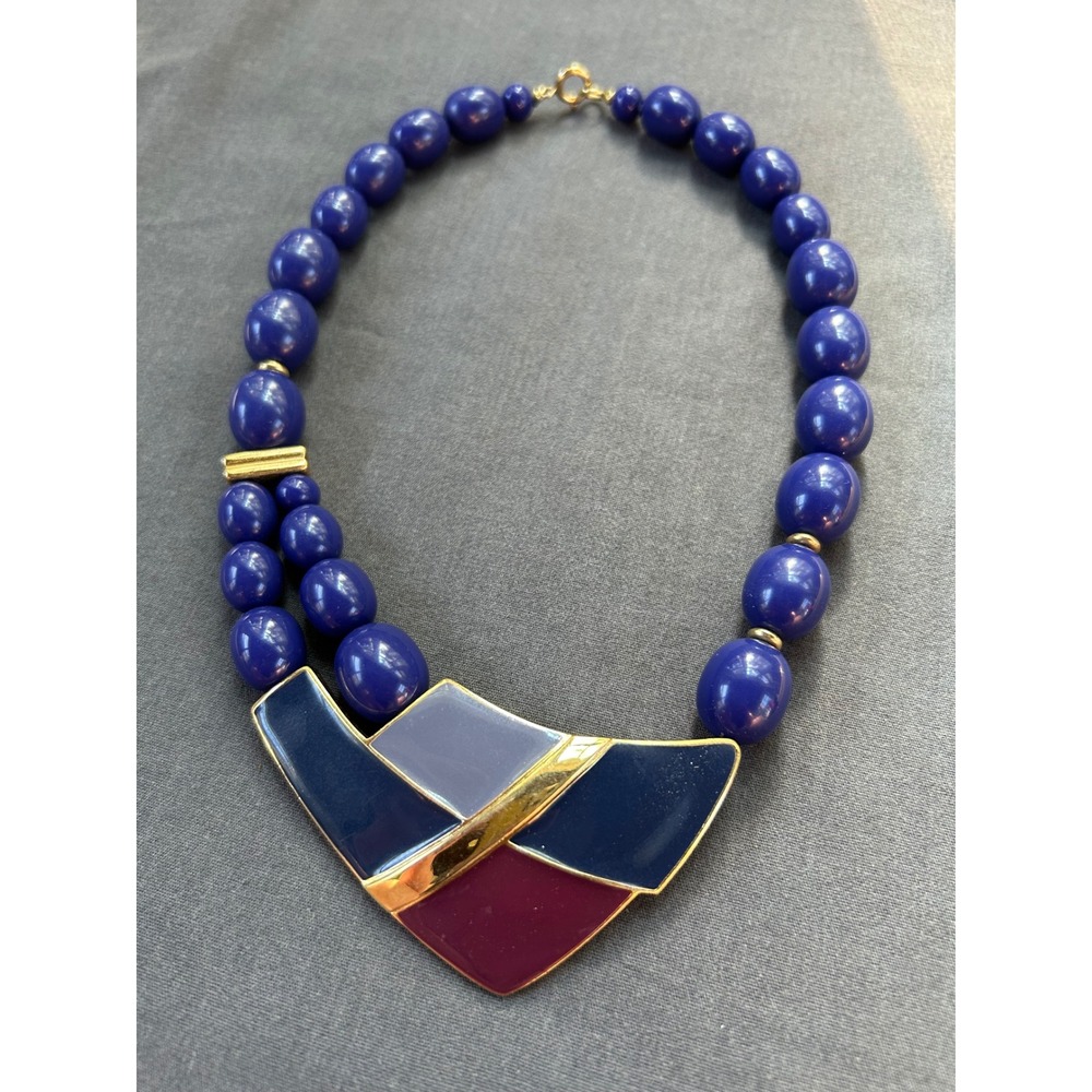 Vintage Geometric Enamel Bib Necklace Cobalt Blue Chunky Bead Statement Gold